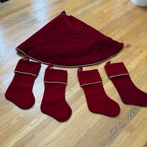 Macy’s Holiday Lane red velvet tree skirt with 4 matching stockings